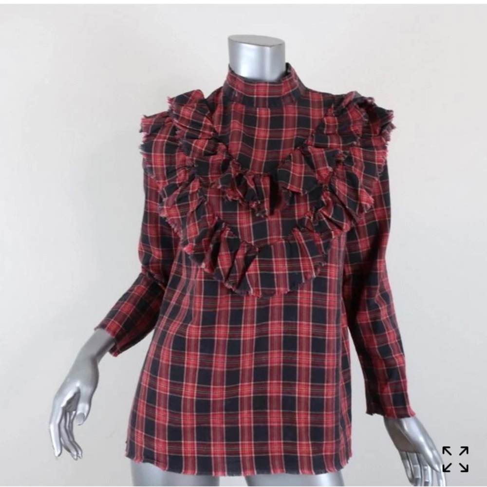 ZARA PLAID RUFFLE TOP RED/GRAY